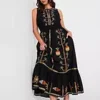 Embroidered Shirred Waist Sleeveless Midaxi Dress - Black