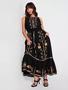 Embroidered Shirred Waist Sleeveless Midaxi Dress - Black