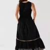 Embroidered Shirred Waist Sleeveless Midaxi Dress - Black