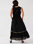 Embroidered Shirred Waist Sleeveless Midaxi Dress - Black