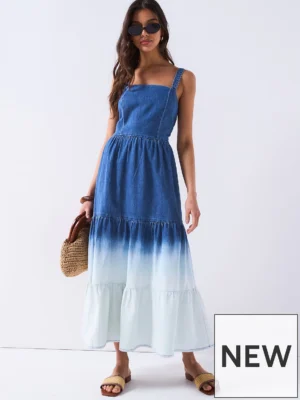 Ombre Tiered Denim Dress - Mid Wash