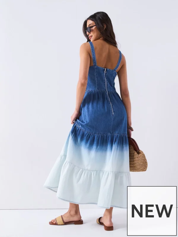 Ombre Tiered Denim Dress - Mid Wash