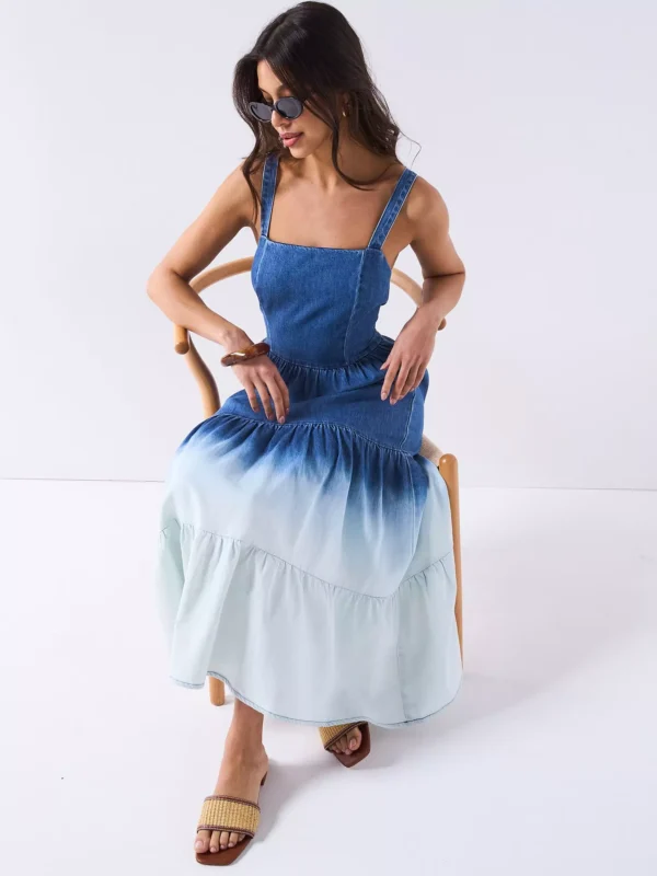 Ombre Tiered Denim Dress - Mid Wash