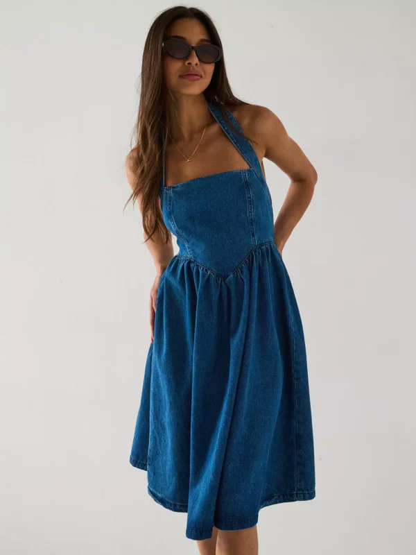 Denim Halter Amalfi Dress - Mid Wash