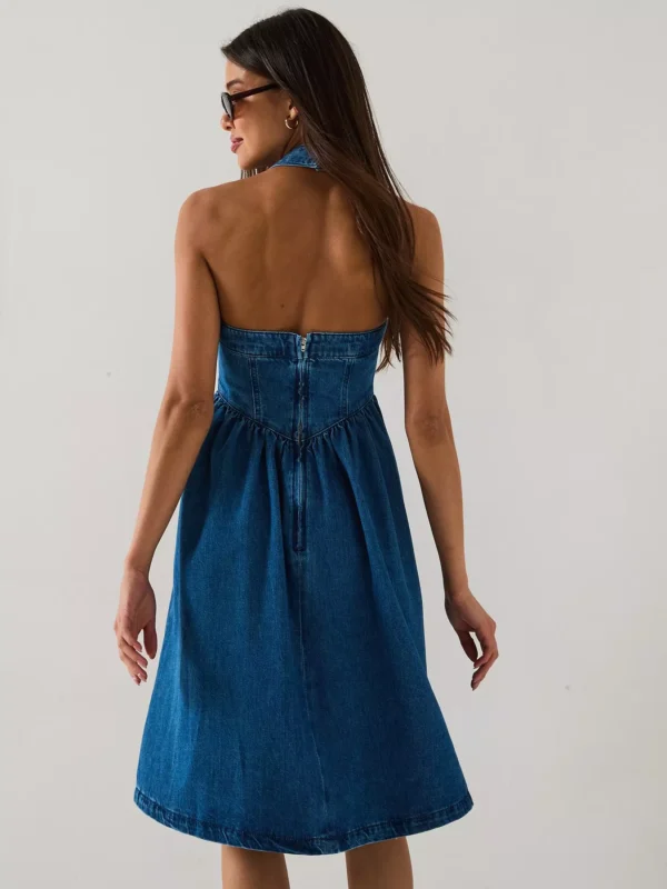 Denim Halter Amalfi Dress - Mid Wash