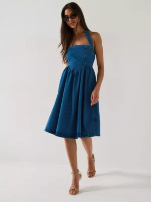 Denim Halter Amalfi Dress - Mid Wash